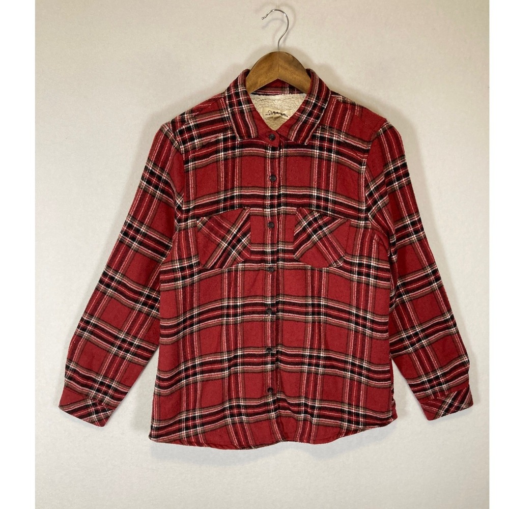 Cabincore Ci Sono Womens Medium Red‎ Sherpa Lined Plaid Flannel Shacket PTP50F
